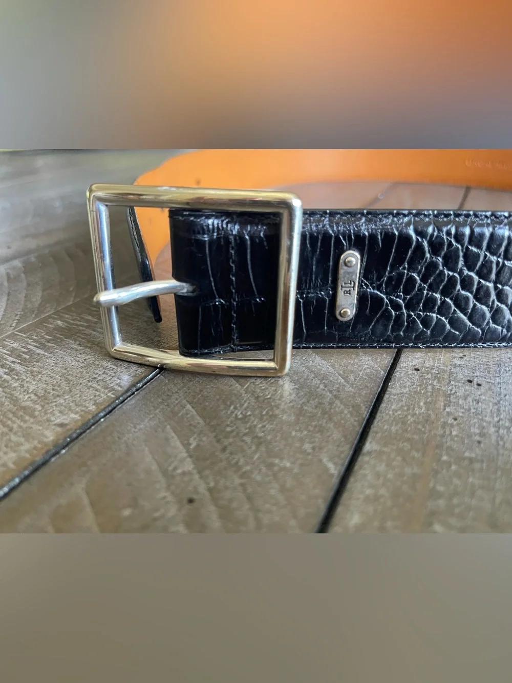 Vintage Lauren Ralph Lauren Black Croc-Embossed Leather Belt with SilverBuckle